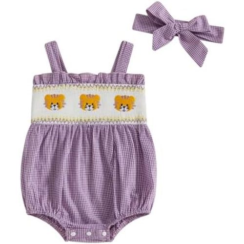 Dcohmch Baby Girl Plaid Summer Romper Tiger Embroidered Smocked Sleeveless Bodysuit Cute Infant Clothes Football Outift