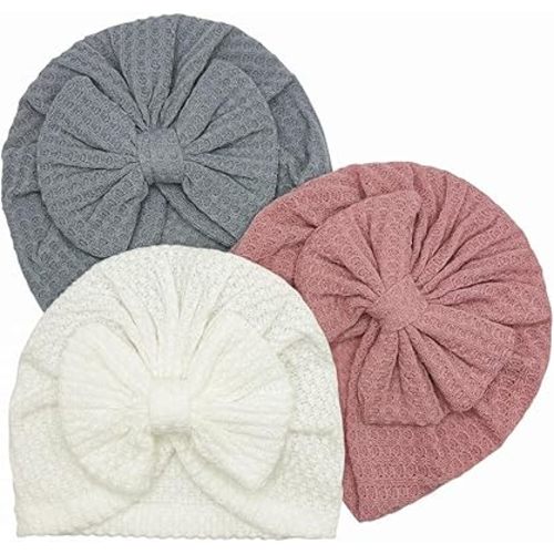 3 Pack Velvet Baby Turban Hats with Bow, Stretchy Baby Head Cover Beanies for Newborn, Toddler, Infant Head Wraps