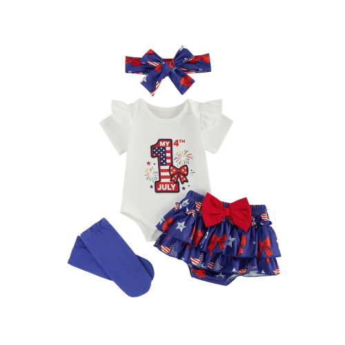 Lairauiy Toddler Baby Girls 4th of July Outfits 3 6 9 12 18 Months Letter Bow Print Short Sleeves Romper and Layered Ruffles Shorts Cute Headband Socks