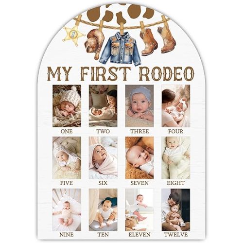 My First Year Photo Board, My First Rodeo Baby Milestone Signs for Boys Girls Nursery Decor, 12 Month Wooden Picture Board for 2x3 Photos, Best Babies Keepsake Gifts-A06