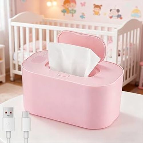 Baby Wipe Warmer, Portable Large-Capacity Baby Wet Wipes Dispenser with LED Temperature Display, USB Powered Even-Heating Wipe Holder for Home, Car & Travel (Pink)