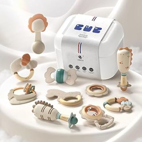 Evoceler Softness Staged Baby Teething Toys with Rattles for 0-6 Months (30° Super Soft, 50° Soft, 70° Regular) -10 Pcs Shaker Toys, Food-Grade Silicone Teethers for Babies 0-18+ Months, BPA Free