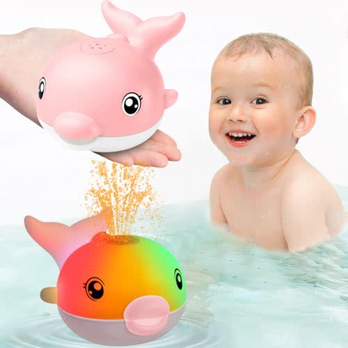 Bath Toys, Light Up Dolphin Baby Bath Toys for Babies 6-12 12-18 Months, Rechargeable Sprinkler Musical Toys, Easter Basket Stuffers Bathtub Toys for Toddlers 1-3 2-4 Boys Girls Infant Kids- Pink