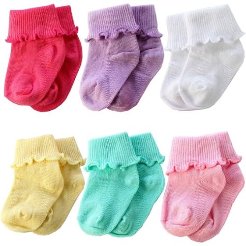 6 &12 Pairs Infant Toddler Baby Kids Turn Cuff Ruffle Cotton Socks