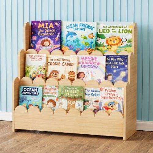 SpaceAid 3-Tier Scalloped Wooden Bookshelf – Montessori-Style Book Display for Kids’ Rooms, Playrooms & Classrooms, Natural Finish