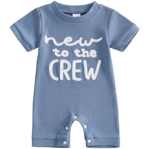 allshope Newborn Baby Boy Summer Outfit Romper New To The Crew Embroidery Jumpsuit Cute Infant Waffle Clothes