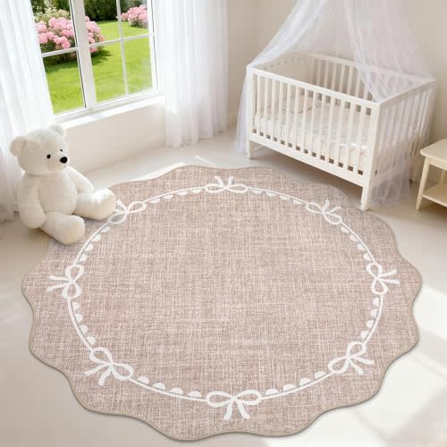 GarveeHome 5ft Round Rugs Washable Scalloped Bow Rug for Bedroom, Camel | Non Slip Soft Low Pile Ultra-Thin Stain Resistant Indoor Carpet for Living Room Nursery Girls Dorm Decor Kids Room Playroom