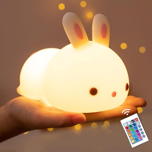 One Fire Bunny Toys for Kids Night Light for Kids with Remote, 16 Colors+5 Brightness Cute Lamp, Soft Silicone Baby Night Light, 1200mAh Portable Dimmable Touch Lamps, Kawaii Room Decor