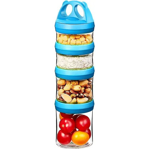 SELEWARE Portable Stackable Food Storage Containers for Snacks Formula Powder and Drinks Twist Lock System Airtight Leak-proof BPA and Phthalate Free 4 Piece Jars 31oz Blue