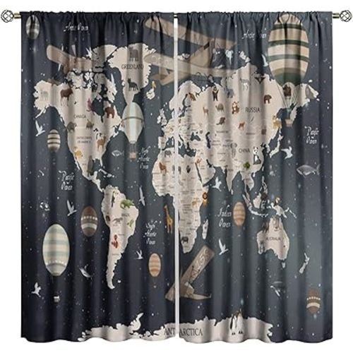 World Map Curtains Cartoon Hot Air Balloon Brown Map Pattern for Kids Room Decoration Blackout Print Rod Pocket Window Drapes for Bedroom Living Room 42x54in