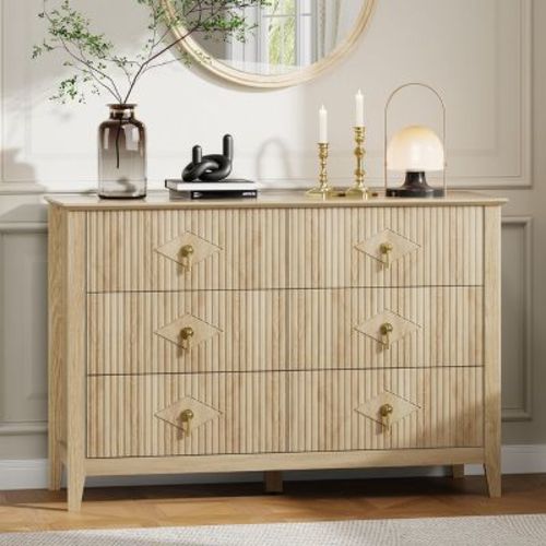 47.2" Fluted Dresser, 6-Drawer Wood Dresser for Bedroom, Modern Chest of Drawers, Storage Organizer Cabinet for Living Room, Hallway, Entryway