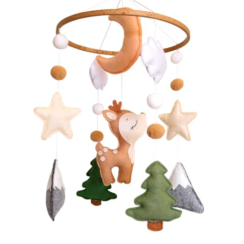 Woodland Baby Crib Mobile, Deer Baby Mobile for Crib Boys & Girls, Fawn Nursery Mobile, Forest Theme Baby Nursery Decor, with Moon, Stars, Trees & Mountains