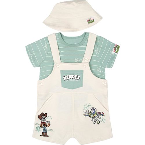 Disney Baby French Terry Short Overalls, T-Shirt and Hat 3 Piece Outfit Set Newborn to Infant Sizes (0-24 Months)