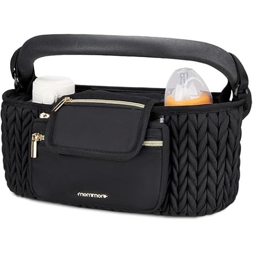 mommore Stroller Organizer with Insulated Cup Holders, Adjustable Stroller Caddy with Detachable Phone Bag, Stroller Accessories Fits for Uppababy, Doona, Jogger, Britax (Black)