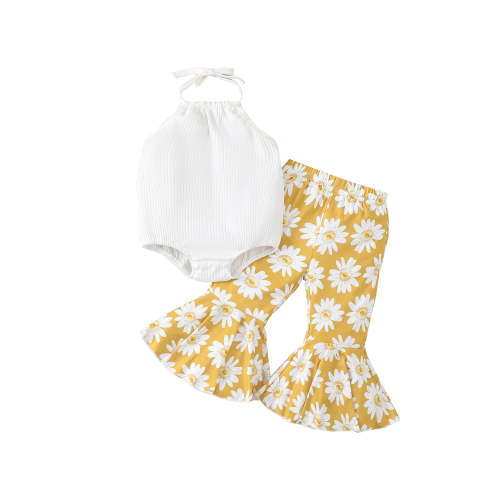 Bagilaanoe 0-24 Months Newborn Baby Girl Summer Clothes Set Ribbed Sleeveless Halter Neck Romper Tops+ Floral Print Flare Pants