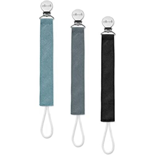 Ali+Oli Linen Strap Pacifier Clip (Night) Set of 3 (10" x 1") Baby Pacifier Holder for Newborn Pacifiers & Teethers, Binky Clips, Silicone-Free Pacifier Clips