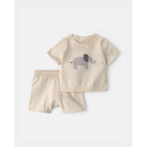Baby 2-Piece Elephant Short-Sleeve Sweater Top & Short Set - Ivory