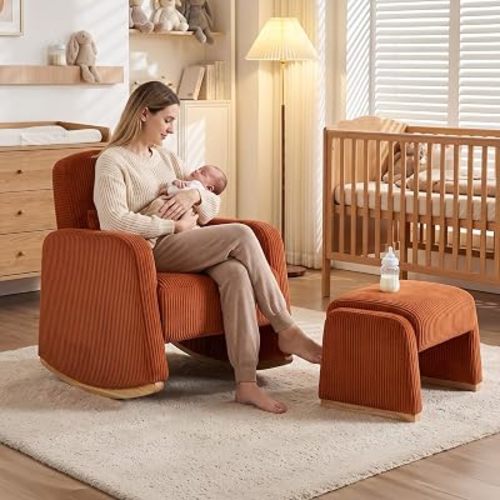 Rocking Chair with Ottoman, Corduroy Nursery Glider Rocker with High Backrest, Accent Reading Chair for Adult,Bedroom,Living Room,Offices,Orange