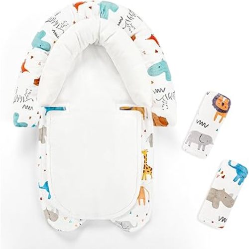 Infant Car Seat Insert & Strap Cover for Baby Boys, 2 in 1 Carseat Head Support Newborn, Ultra Soft Car Seat Cushion for Babies, Plush Fabric, Fit for Swing, Car Seat, Stroller, Bouncer, White