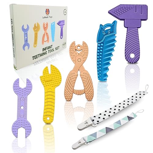 LaNoah Toys Infant Teething Tools Set: Includes 2 Clips! Soft BPA Free Teething Toys, 5 Piece Construction Set, Baby Boy Essentials Einstein, Gift for Infant Toddler Boy Girl