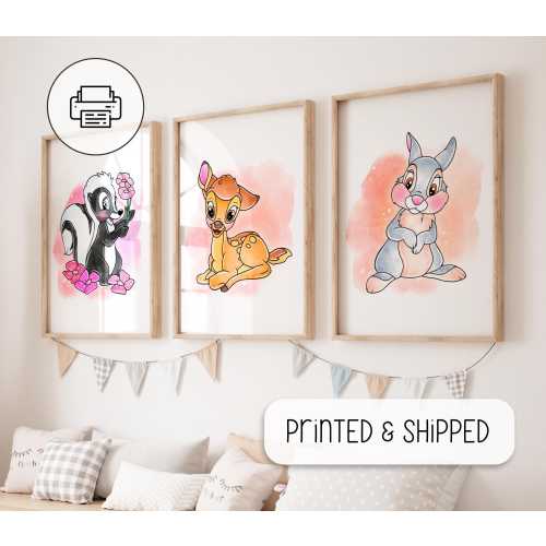 Set Of 3 Bambi Prints, Pastel Watercolor Drawing, Nursery Bambi Poster, Wall Art for Baby Room, Playroom, Cute Bambi, Thumper and Miss Bunny