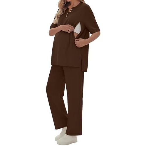 2 Piece Maternity Nursing Set Postpartum Breastfeeding Short Sleeve Zipper Shirts Wide Leg Pants Pregnancy Clothes