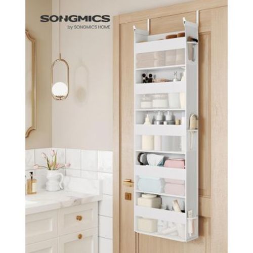 Over The Door Organizer with 5 Pockets, 5-Tier Hanging Storage with Transparent Mesh, Metal Hooks for Pantry Bathroom Bedroom, Cloud White