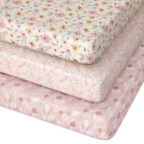 Unnivoll Pack and Play Sheets Fitted 3 Pack, Mini Crib Sheets for Pack N Play Mattress Stretchy Portable Playard Sheets, Soft Breathable Pink Flowers & Leaf