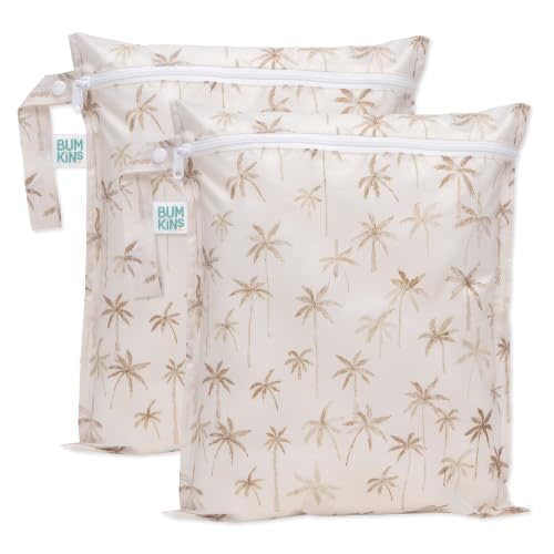 Bumkins - Waterproof Wet Bag - For Baby, Travel, Swim Suit, Cloth Diapers, Pump Parts, Pool, Gym, Toiletry, Strap to Stroller - Reusable & Easy to Clean - 2pk - Beige Palms
