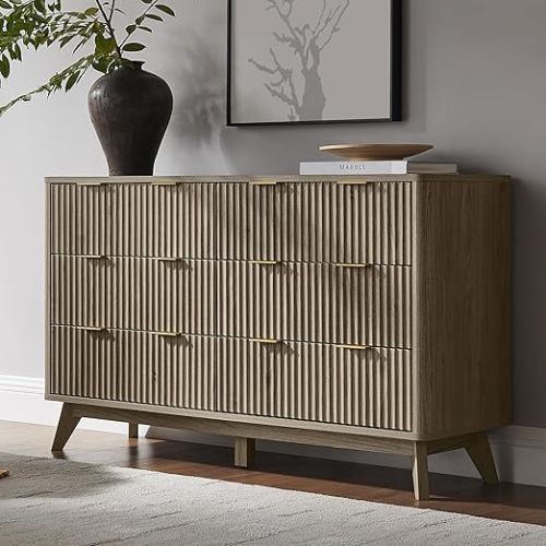 T4TREAM Fluted 6 Drawers Dresser, 54" Wide Modern Chest of Drawers with Faux Marble Top, Curved Profile Design, Dresser TV Stand, Wood Drawer Organizer for Bedroom, Living Room, Hallway, Natural Oak