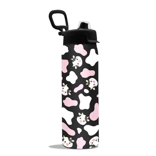 2-in-1 Lid Cow Water Bottle 22oz, Cow Tumbler Gifts Insulated | Cow Gifts Mug for Cows Lovers, Funny Animal Coffee Travel Mug, Black Water Bottle for Women, Birthday Gift Ideal for Boy Girl