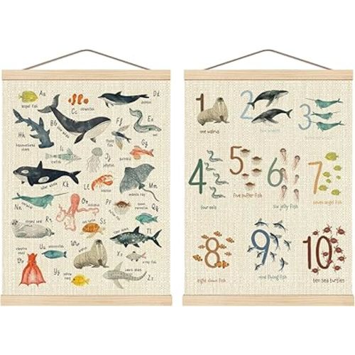 Boat Wades Alphabet Numbers Ocean Poster Hanger Frame Set of 2, Ocean Decor, Sea Animals ABC 123 Educational Wall Art Hanging Decor for Kids Room Playroom Classroom, 12x16