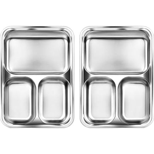2 Pcs Stainless Steel Kids Plates Set, Toddler Baby Adults Divided Plate, Portion Control Plates for Bariatric & Diabetic Diet, Non Toxic Camping Metal Snack Plate for Eating, Easy to Clean, Silver