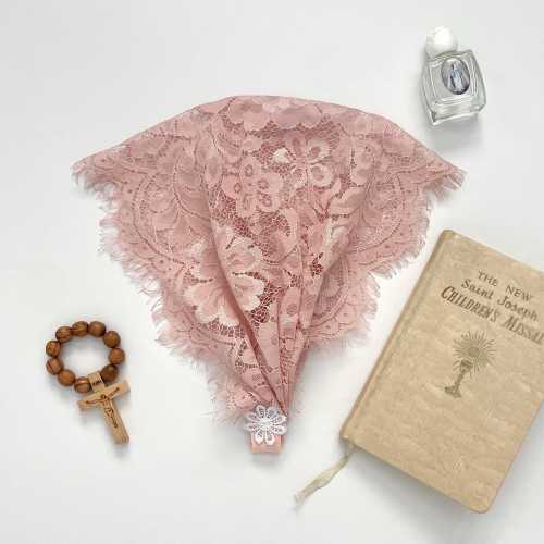 Veil Headband for Baby Girls - Traditional Catholic Chapel Veil - Pink Lace Mass Mantilla - Child Hair Head Covering - Ark of the Covenant