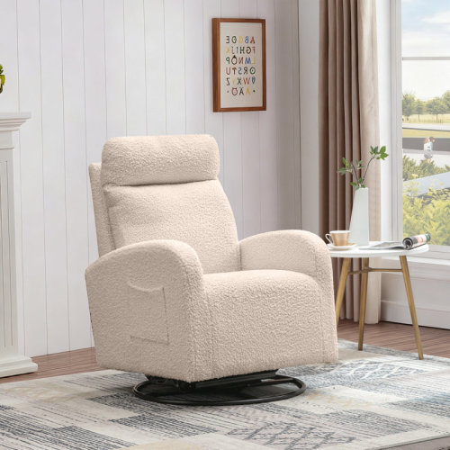 Ebern Designs Modern Swivel Glider Chair, Upholstered Accent Glider Rocker for Baby Nursery, Comfy Tall Back Rocking Armchair with Side Pocket and Headrest for Living Room, Bedroom, Boucle Fabric | Wayfair