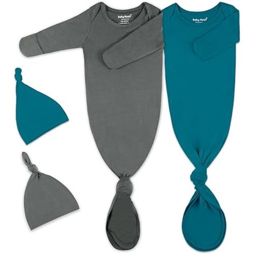 2Pack Knotted Gown Baby, Super Soft Long Sleeve Newborn Hospital Outfit Boy Girl Coming Home, Built-In Mittens Clothes