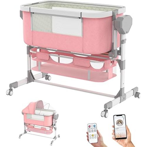 Rocking Bassinet for Baby, Electric Bassinet Automatic 5 Rocking Motion Bassinet Bedside Sleeper for Newborn, Auto Rolling Baby Cradle 6 Height Adjustable with 4 Lullabies, Wheels, Storage