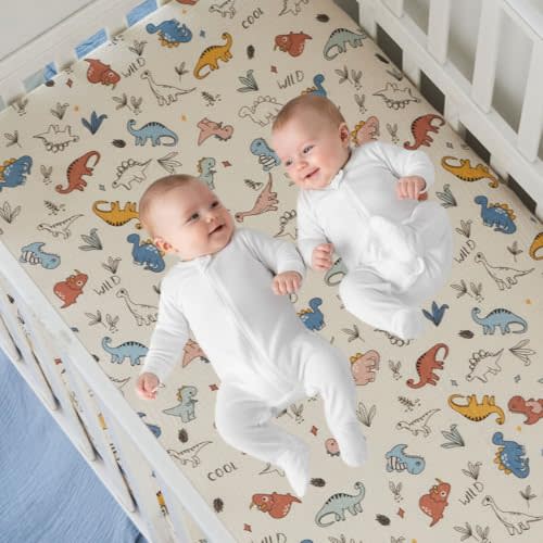 Brandream Crib Sheets 100% Cotton Muslin Baby Crib Sheets Fitted for Standard Crib and Toddler Bed Mattress 52" x 28", Soft and Breathable Neutral Dinosaurs, Cream White