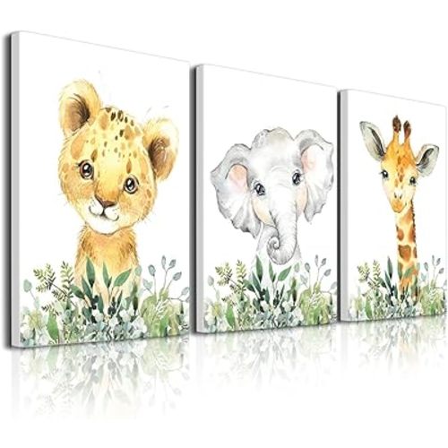 Baby Safari Nursery Wall Decor - Set of 3 Pictures Cute Animal Wall Prints on Canvas Jungle Nursery Safari Decor gifts for Baby Boys and Girls Room, Framed Wall Art (24L x 16W)