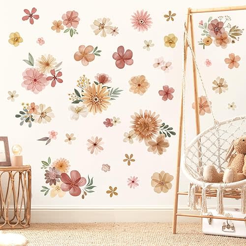 decalmile Boho Daisy Flower Wall Decals Bohemian Retro Watercolor Floral Wall Stickers Baby Nursery Girls Bedroom Living Room Wall Decor