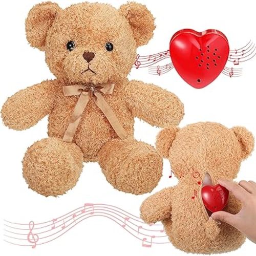 Hungdao Bear Stuffed Animal with Voice Recorder Set, 60 Seconds Heart Shaped Voice Sound Recorder Module 16 Inch Soft Plush Bear with Zipper for Boy Girl Valentines Day(Light Brown)