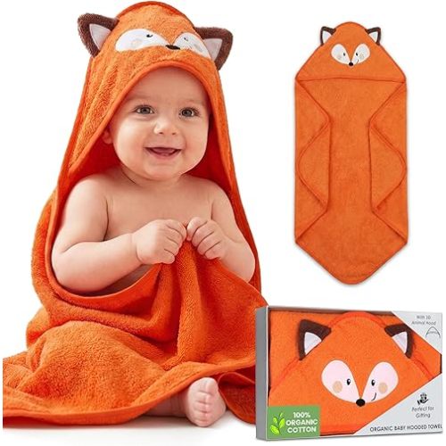 Mother's Choice Hooded Baby Bath Towel - 100% Organic Cotton Ultra Soft and Absorbent Large Hooded Baby Towel for Infant and Toddler (84 x 84 CM, Orange Fox)