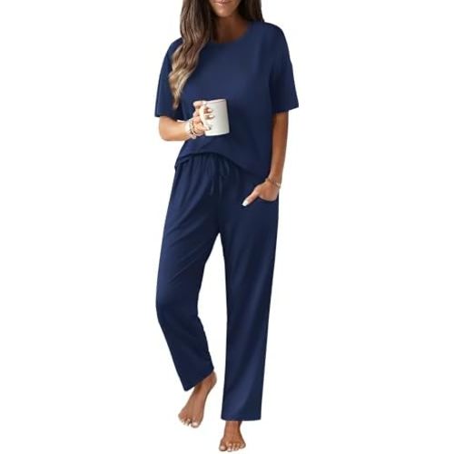 JiniGolla Women's Pajamas Sets Soft Short Sleeve Top and Long Pants 2 Piece Loungwear with Pocket