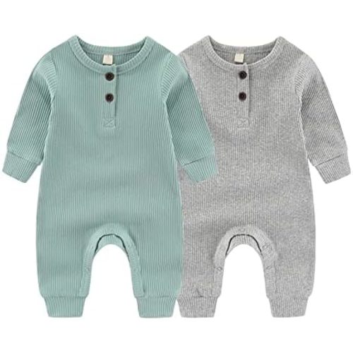 ZAV Solid Unisex Baby Boy Girl Rompers 2 Pack Long Sleeve Jumpsuits Infants Clothes Outfits