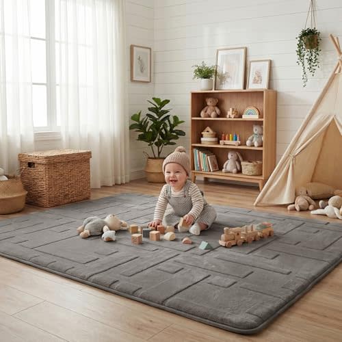 Baby Play Mat for Floor, 1.3" Thick 59x79 Plush Soft Foam Mats for Toddler Kids Crawling, Non-Slip Easy Care Nursery Rug for Playroom Living Room (Light Grey)