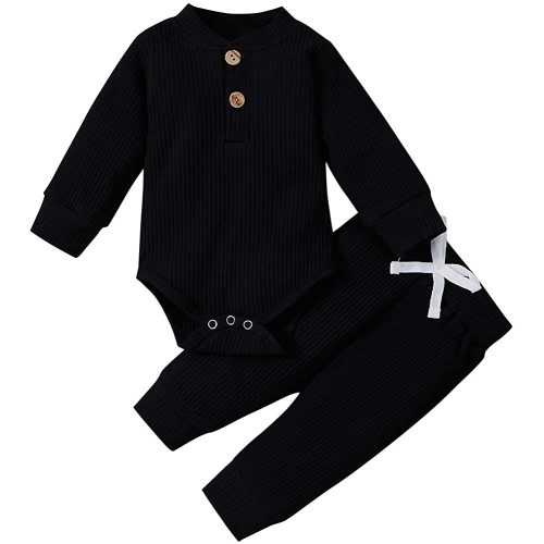 Newborn Baby Boy Girl Clothes Ribbed Knitted Cotton Long Sleeve Romper Long Pants Solid Color Fall Winter Outfits