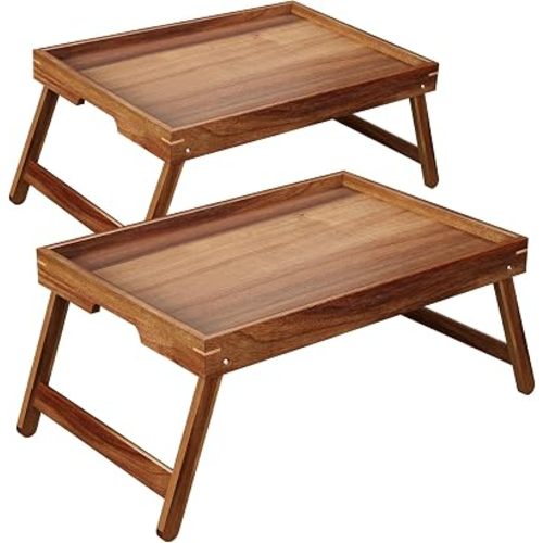 Fibogollo 2 Pack Acacia Wood Breakfast Tray,Folding Bed Tray Table