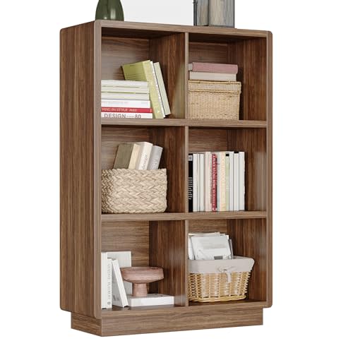 ChooChoo 3-Tier Bookshelf, 6 Cube Storage Organizer, Wooden Bookcase with Storage, Cube Storage Bookshelf for Bedroom and Home Office, Brown Walnut