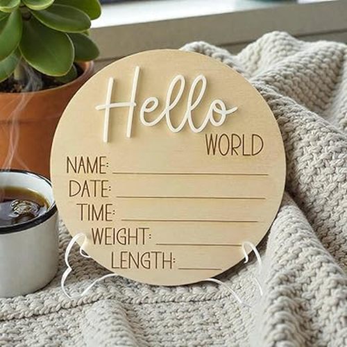 Hello World Birth Announcement Sign – Wooden Newborn Birth Stats Plaque, Baby Name Announcement Sign, Matte White Acrylic Hello World Wooden Plaque (02)
