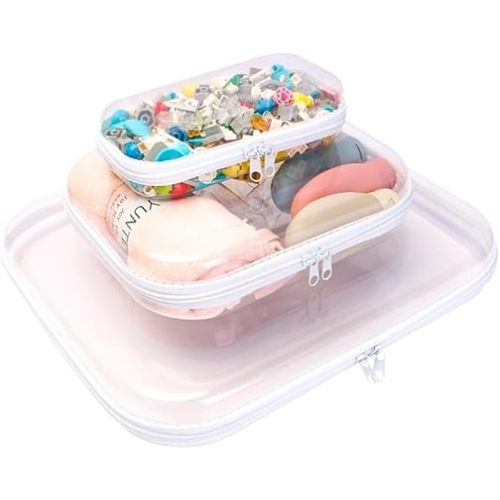 3PCS Clear Hard Shell Zipper Cases, Portable Clear Organizer Pouches for Home Storage, Double Zippered Plastic Travel Case, Cosmetic Bag for Make Up Tools, Toiletries, Toy Storage(White)